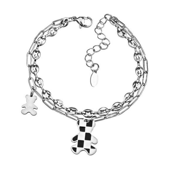 Double Layer Stainless Steel Necklace Fashion Black and White Plaid Bear Charm Bracelet for Men, YQZIYOU