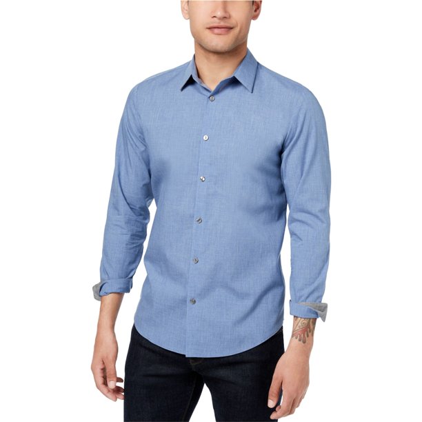 Calvin Klein Camisa extrafina con botones para hombre, azul, grande