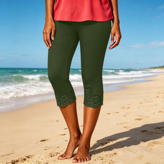 Cagogo Women's Capri Pants Elastic Waist Solid Casual Slim Fit Cropped Leggings Summer Beach Lounge Travel Trousers, Army Green 2XL