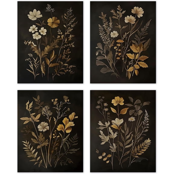 Vintage Dark Cottagecore Academia Botanical Posters Prints Unframed 8x10 Set of 4, Rustic Fall Floral Flower Wall Art Prints Decor for Farmhouse Bedroom, Dark Cottage Core Wildflower Pictures