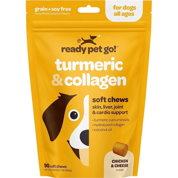 Ready Pet Go! Dog Treats, Turmeric Supplement & Collagen Chews for Dogs Hips and Joints, 90 Pc