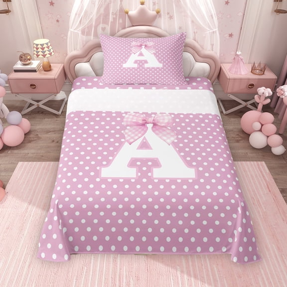 Erosebridal Personalized Initial A Twin Sheet Sets for Girls, Pink Bowtie Polka Dots Bedding, 3pcs, 1 Flat Sheet, 1 Fitted Sheet and 1 Pillowcase