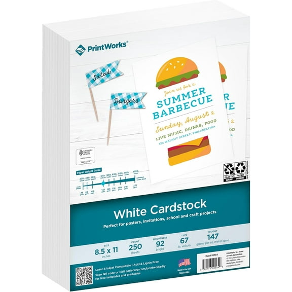 White Cardstock 8.5" x 11" - 67 lb/147 gsm Vellum Bristol - 250 Sheets - Made in the USA - SFI® Certified - 92 Bright - Card Stock Printer Paper for School, Craft, & Office Use (00564)