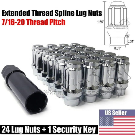 24 Chrome 7/16 Spline Extended Thread Lug Nuts For Chevy GMC Blazer K10 K5 V1500
