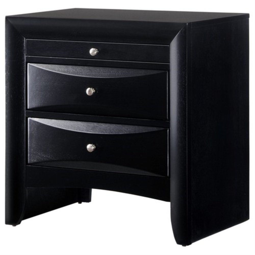 2 Drawer Transitional Nightstand with 1 Pull Out Tray and Knobs, Black