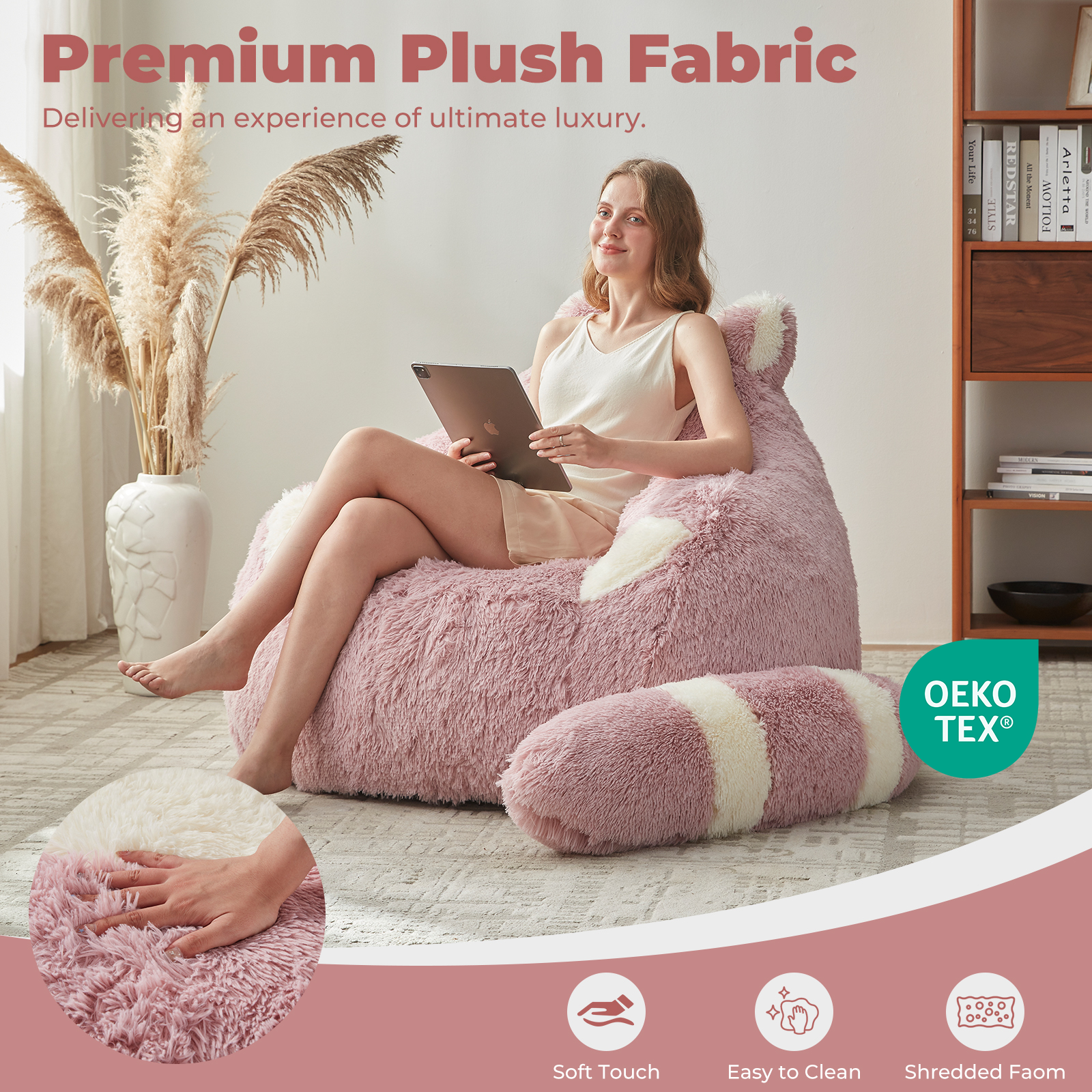 Ebenchico 3.7ft Raccoon Shaped Bean Bag Chair for Adults Teens Kids, Large Beanbag Chairs for Reading Gaming Relaxing(Pink)