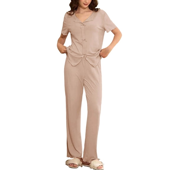 Erwazi Women's Solid 2 Piece Pajama Sets Short Sleeve and Long Pants Pajama Set Casual Loungewear Sleepwear