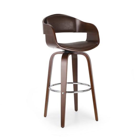 GDF Studio Soledad Mid Century Modern Faux Leather Upholstered 30.5 Inch Swivel Barstool, Dark Brown and Walnut