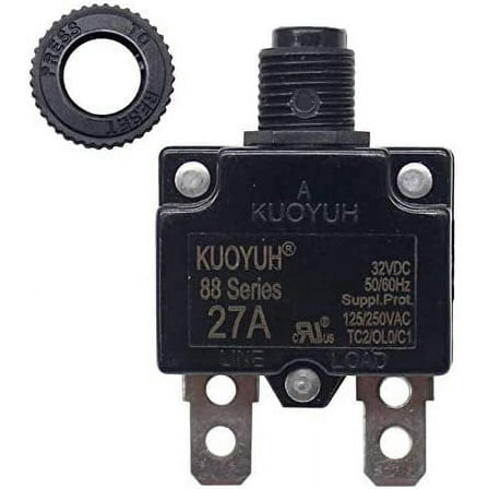 KUOYUH 27 Amp 125/250VAC 32/50VDC 88 Series Push-To-Reset Thermal Overload Protector Circuit Breaker