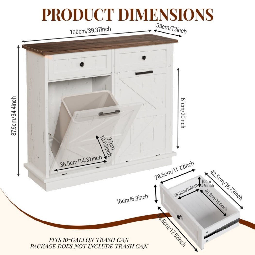 Double Tilt Out Trash Can Cabinet, 2 x 10 Gallon Garbage Can Storage with 2 Drawers, Freestanding Kitchen Recycling Cabinet for Laundry Room, Brown+Distressed White