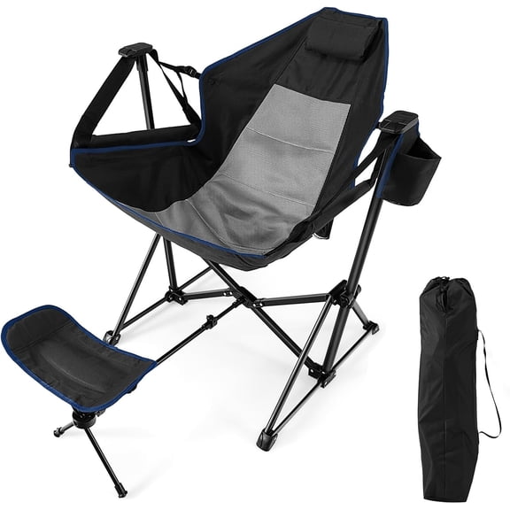 Folding Hammock Camping Chair with Retractable Footrest Adjustable Backrest Headrest Cup Holder Portable Outdoor Rocking Chair Black