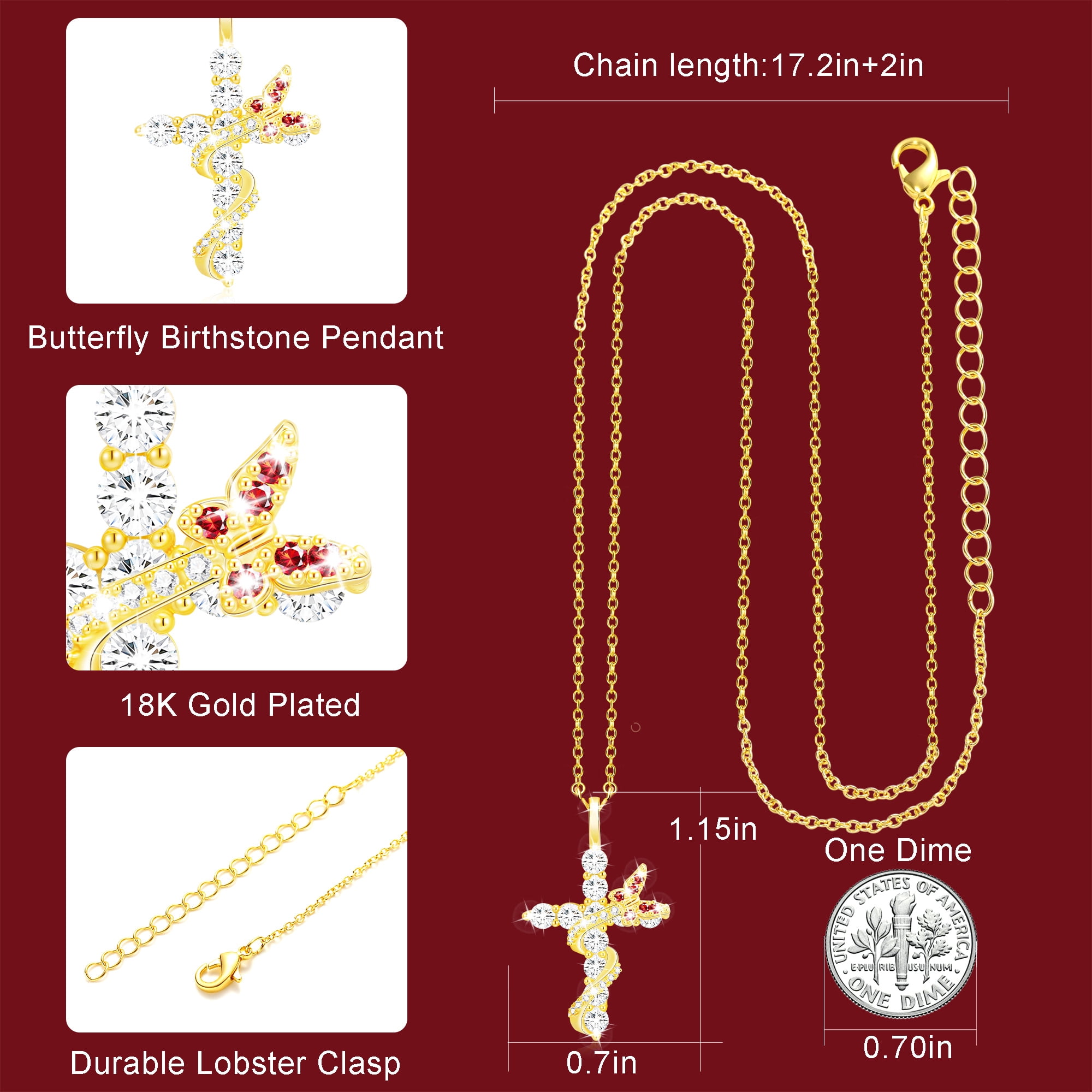 APSVO 18K Gold Plated Butterfly Cross Necklaces for Women Girls January Birthstone Pendant Chain with Red Garnet Birthday First Communion Graduation Mothers Day Jewelry Gifts Teen Her Mom Kids