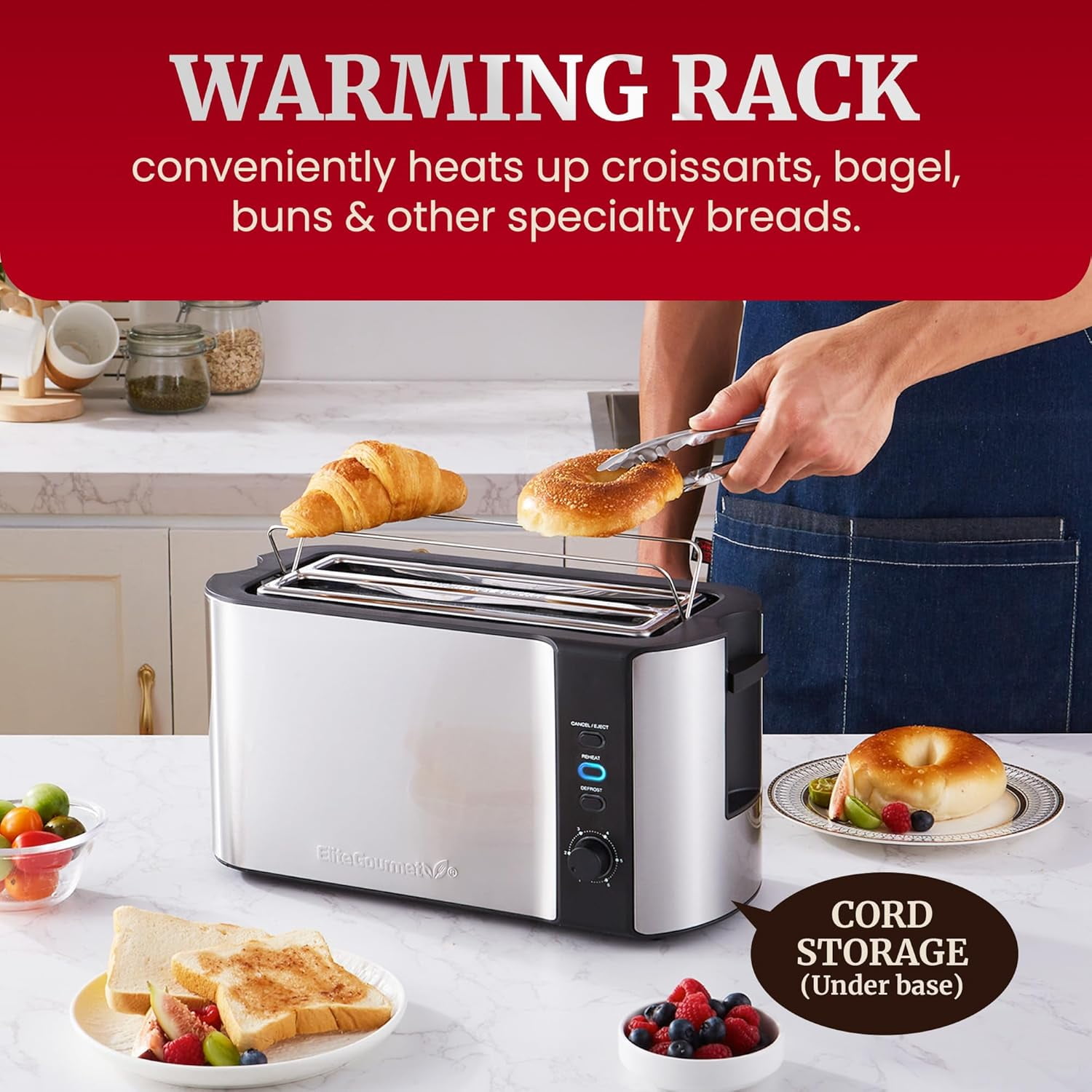 ECT-3100 Long Slot 4 Slice Toaster, Reheat, 6 Toast Settings, Defrost, Cancel Functions, Built-in Warming Rack, Extra Wide Slots for Bals & Waffles, Stainless Steel Black