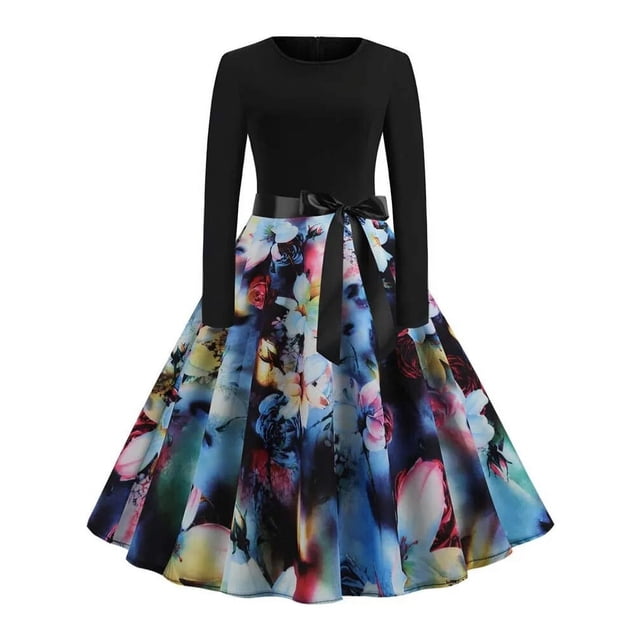 Vestido de Navidad de manga larga para mujer, bata Vintage, Swing Pinup, elegante, estampado informal, negro, invierno, 50S, 60S