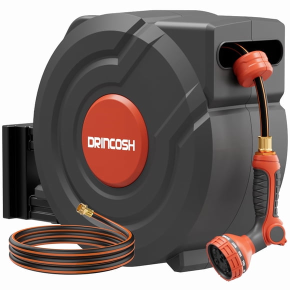Enrollador de manguera de jardín DRINCOSH de 40 m con rebobinado automático y boquilla de 9 patrones