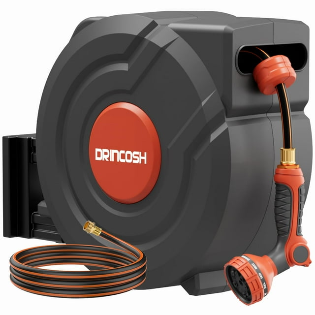 Enrollador de manguera de jardín DRINCOSH de 40 m con rebobinado automático y boquilla de 9 patrones
