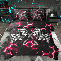 Manfei Racing Flag Twin Bedding Sets 7pcs for Boys, Neon Pink Honeycomb Bedding Comforter Set, Black White Plaid Sheet Sets, Lightweight Room Decor