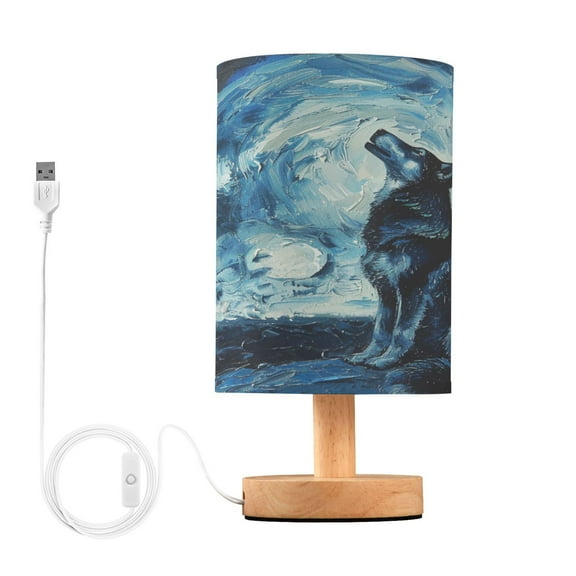 Wolf in Night Bedside Table Lamp Desk Warm Lights with USB Charging Port Cylinder LED Lamps for Bedroom Living Room Office