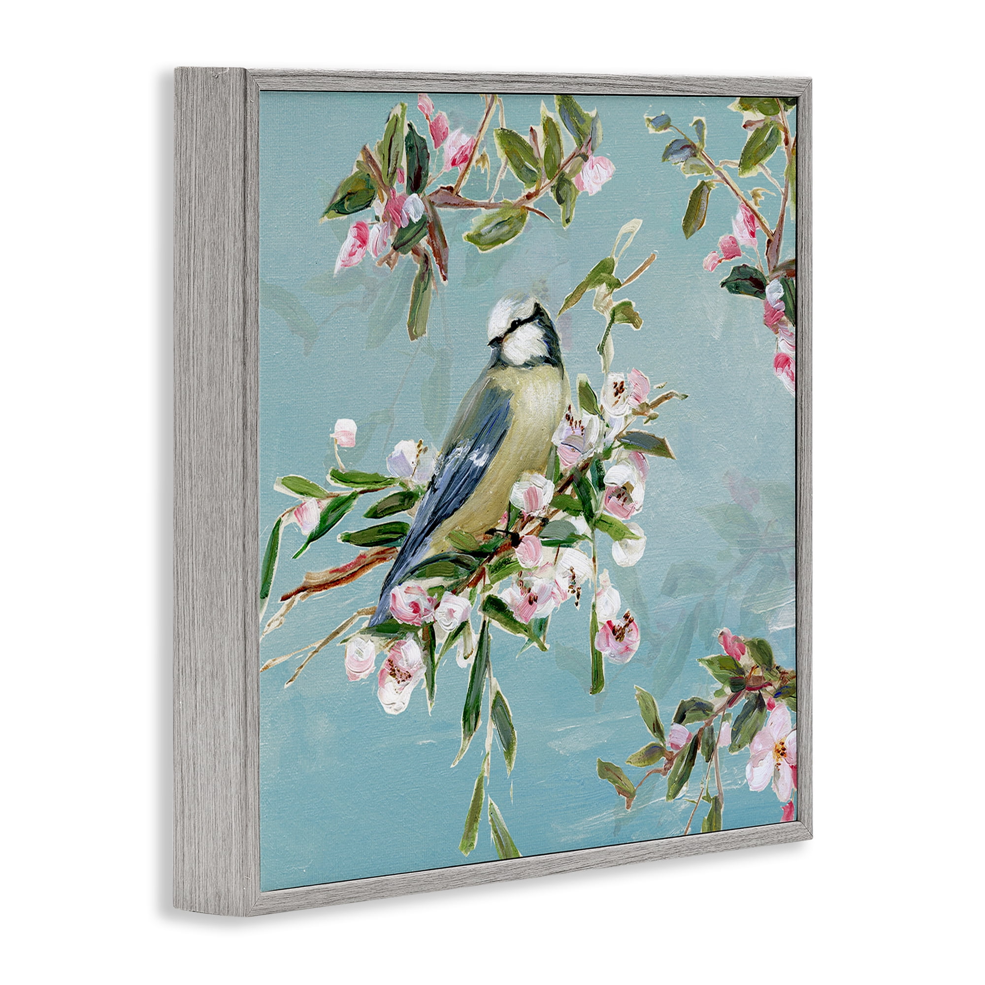 Stupell Industries Songbird Perched on Blooms Gray Framed Giclee Art, design by Sally Swatland