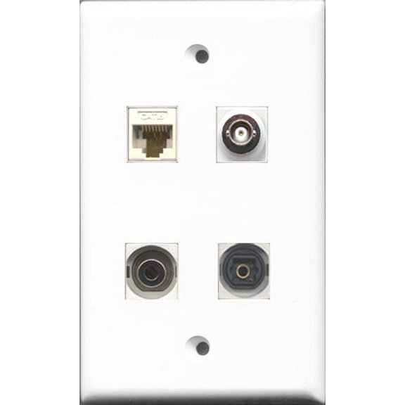 RiteAV 1 Port Toslink and 1 Port 3.5mm and 1 Port BNC and 1 Port Cat6 Ethernet White Wall Plate