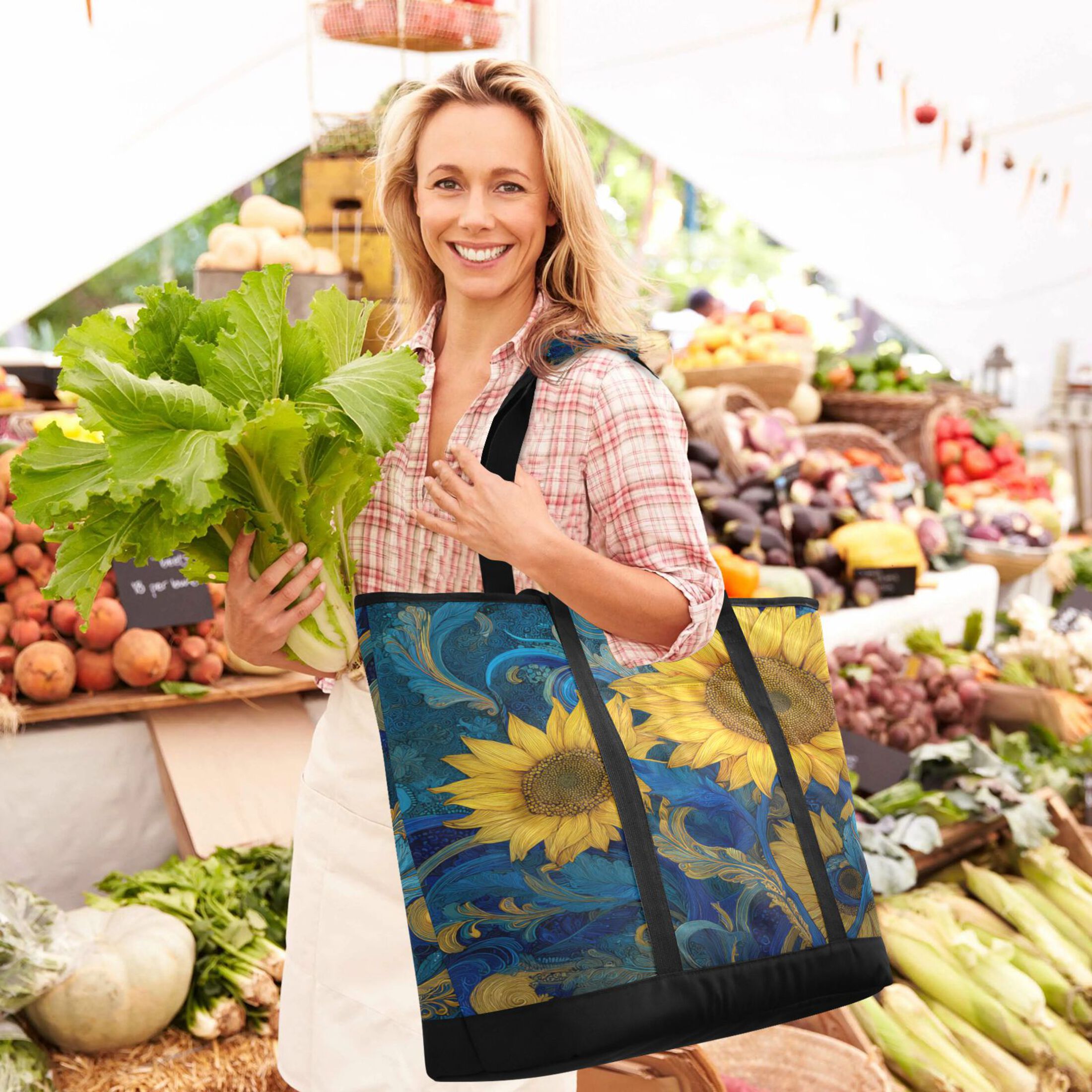 Extra-Large Wide Opening Design Capacity Hand-Held Ice Pack Thickened Insulation Layer For Long-Lasting Cold Retention For Outdoor Shopping Picnics And Camping Vibrant Yellow Sunflowers