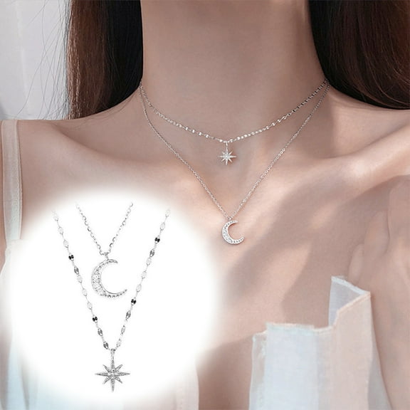 Eosunjian Double Layer Necklace for Women Twinkle Star Moon Choker Necklace Faux Diamond Pendant Rhinestone Clavicle Chain Jewelry Accessories Silver