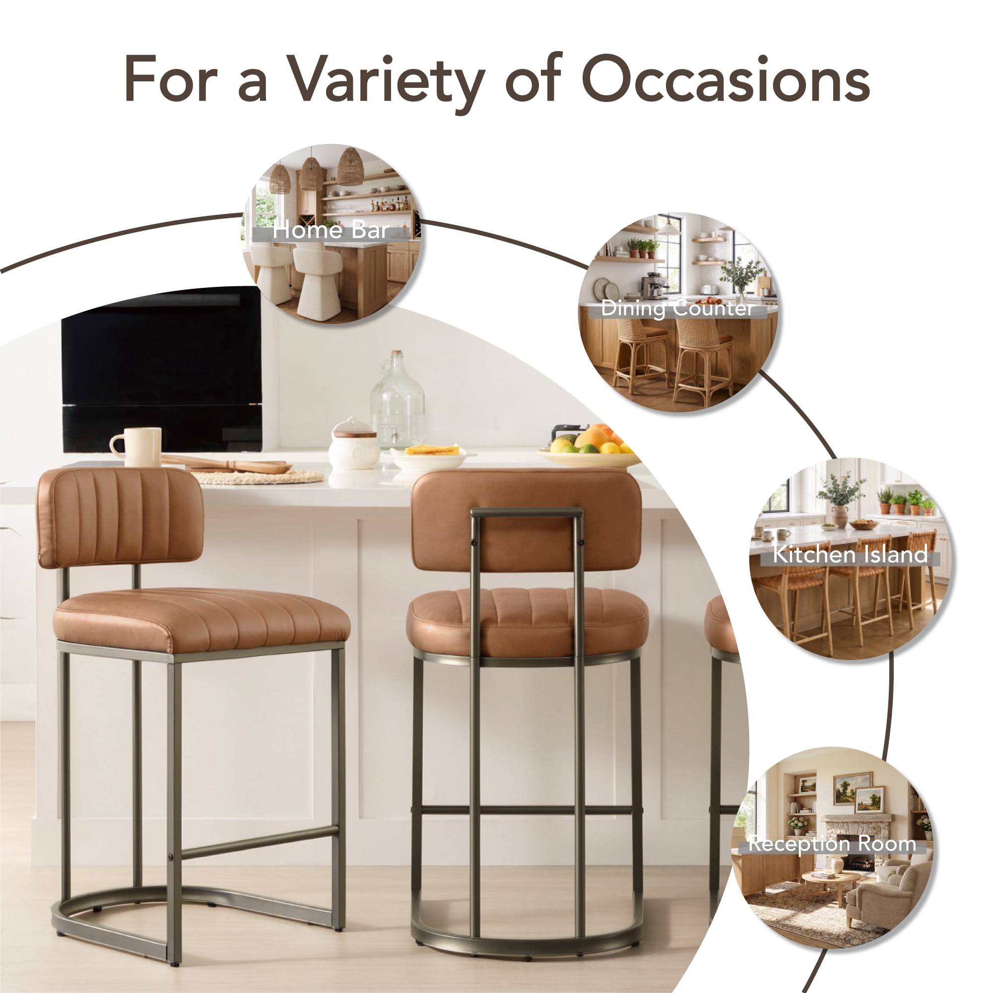 Spruce & Spring 26" Fixed Counter Height  Bar Stools Set of 3, Upholstered Counter Chairs with Curved Back & Channel Tufting, Metal Base for Kitchen Island & Home Bar, Brown Faux Leather