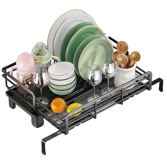 INTIGE Scalable Dish Rack, Expandable Dish Rack with Utensil Holder, Space Saver for Household, Black