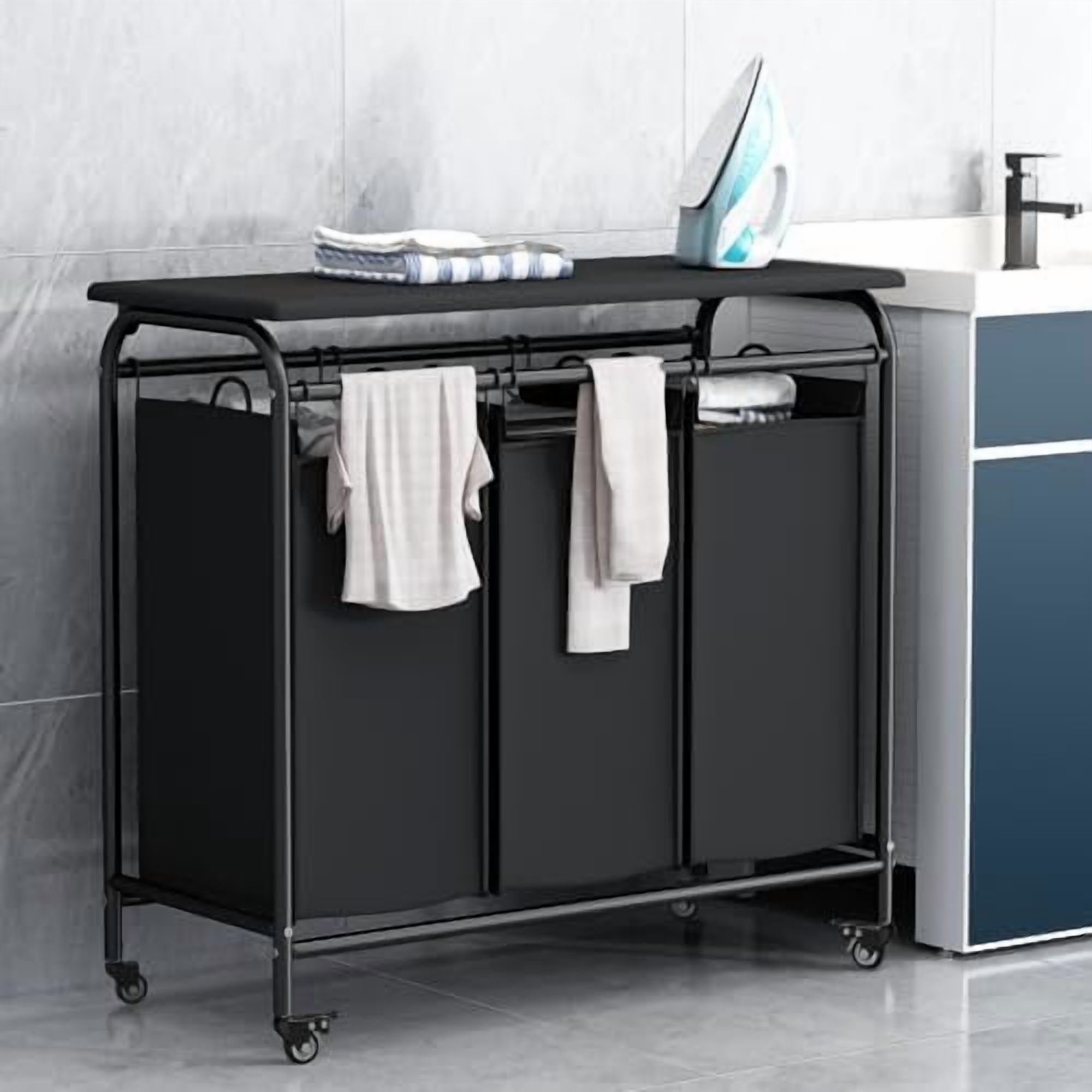 3 Bag Laundry Basket Sorter Heavy Duty Rolling Lockable Wheels Laundry Hamper Cart with Ironing Board and Removable Bags, Black