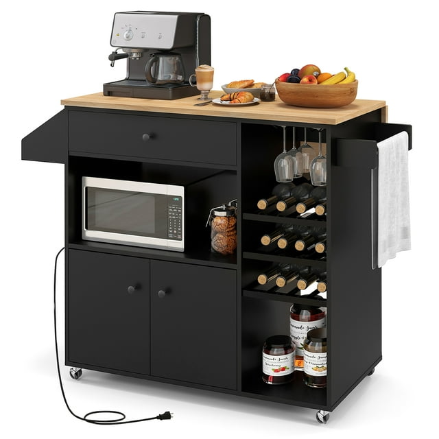 Gymax Kitchen Island Cart w/ Drop-Leaf & Power Outlet Microwave Shelf Wine Rack Drawer Black