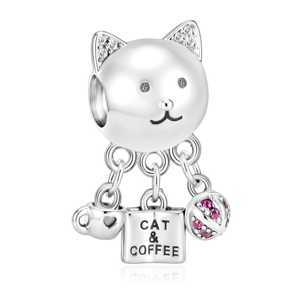 925 Sterling Silver Cat & Coffee Dangle Charm for Bracelet Charms Bangle Pendant Jewelry