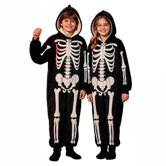 Krdevn Skeleton Hooded Zip Up Onesie Halloween Plush Full Body Jumpsuit Trick Or Treat Cosplay Outfit Casual Sleep Loungewear Pajamas Black,6-7 Years