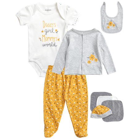 

Duck Duck Goose Newborn Baby Girls Take Me Home Layette Gift Set - 9 Piece Cardigan Bodysuit Pants Hat and Washclothes