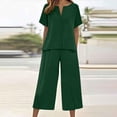 thumbnail image 2 of NMMUED Linen 2 Piece Set for Women Summer Women’s Cotton Linen 2 Piece Lounge Set Casual Breathable Short Sleeve Top Wide Leg Cropped Pants Relaxed Fit 2 Piece Lounge Set Dark Green S, 2 of 7