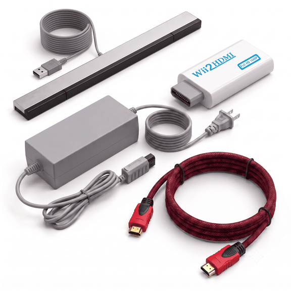 4 in 1 Wii Accessories Bundle Kit with HDMI Adapter, Wired Motion Sensor Bar, Power Cord and 5FT Cable, Complete Replacement Cables Set Compatible with Nintendo Console