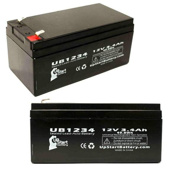 2x Pack - Compatible Zeus PC3.4-12F1 Battery - Replacement UB1234 Universal Sealed Lead Acid Battery (12V, 3.4Ah, 3400mAh, F1 Terminal, AGM, SLA) - Includes 4 F1 to F2 Terminal Adapters