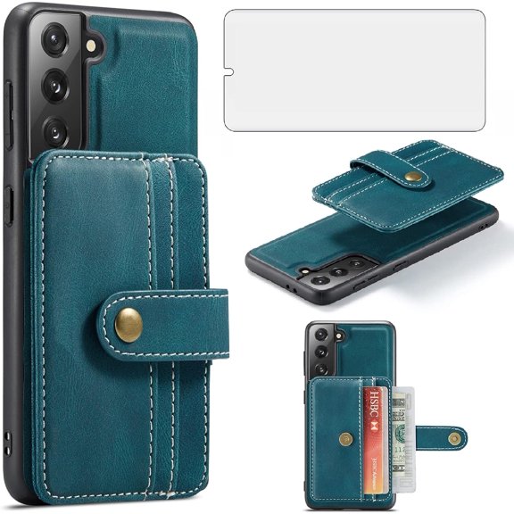Phone Case for Samsung Galaxy S21 5G 6.2 inch Wallet Cover with Tempered Glass Screen Protector and RFID Credit Card Holder Leather Cell Accessories S 21 21S G5 GS21 X21 D21 4G Women Men Blue