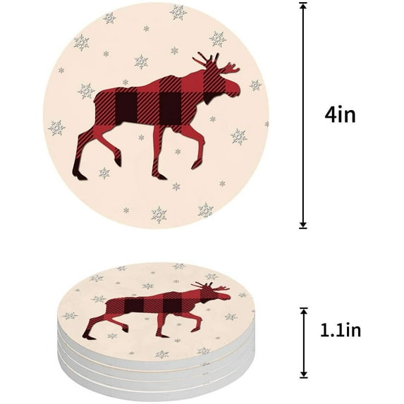 FMSHPON Merry Christmas Elk Set of 4 Round Coaster for Drinks, Absorbent Ceramic Stone Coasters Cup Mat with Cork Base for Home Kitchen Room Coffee Table Bar Decor