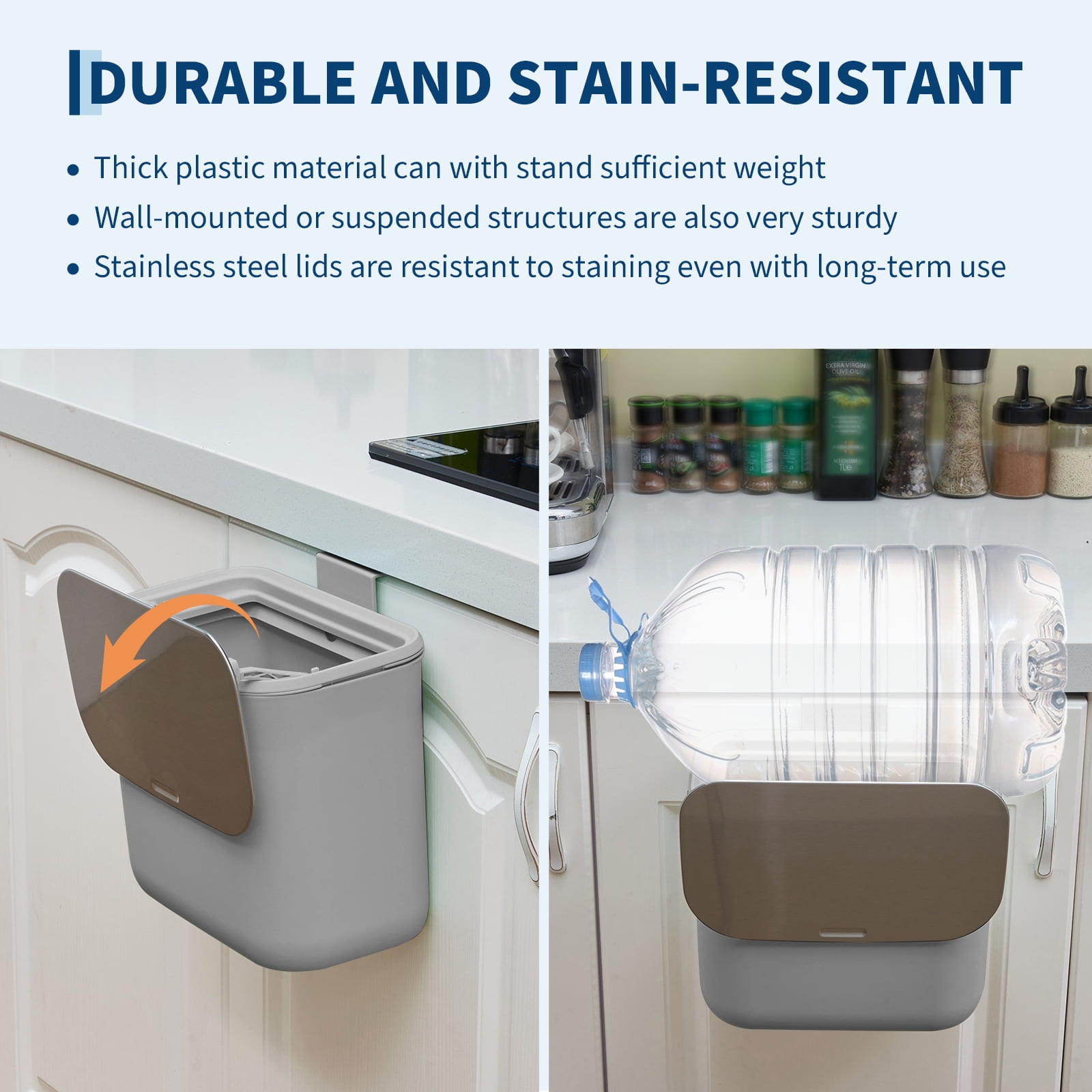 1.8 Gallon Kitchen Hanging Small Trash Can with Stainless Steel Lid, Odor-Free Compost Bin, Space-Saving Garbage Can for Cabinet, Under Sink, RV, Bathroom, Grey