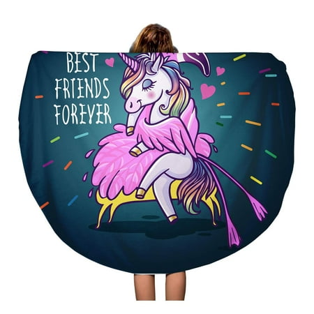 SIDONKU 60 inch Round Beach Towel Blanket Unicorn Flamingo Best Friends Forever Cartoon Cute Drawing Travel Circle Circular Towels Mat Tapestry Beach