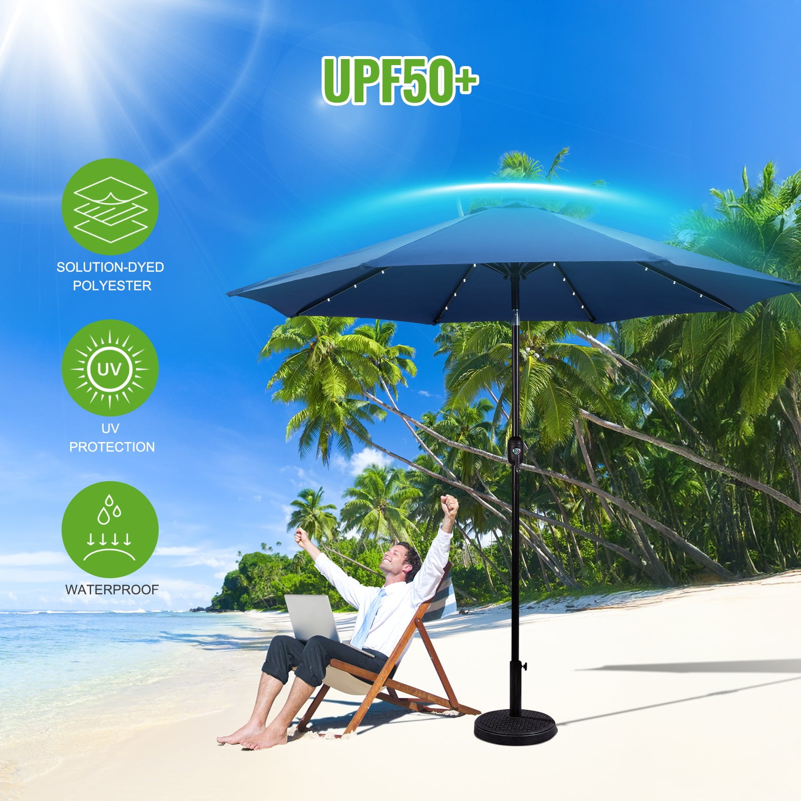 Backyard Expressions 9ft Solar Patio Umbrella with 32 LED Lights – Outdoor Market Umbrella with Tilt & Crank, Solar-Powered Lighting, Water-Resistant Fabric for Patio, Deck, Garden, Pool