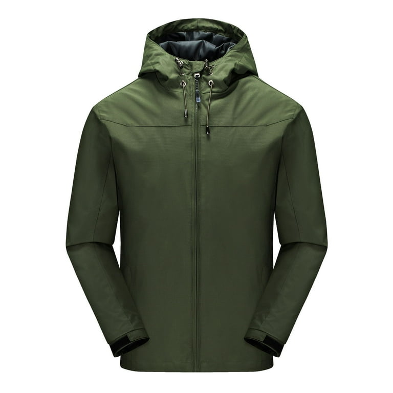 Men's Rain Jacket Outdoor Hooded Solid Color Windproof Mountain Raincoat  Hooded Jackets Army Green Size 5XL