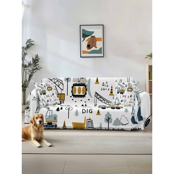 Cartoon Tractor Couch Cover for Dogs, Cute Grey Digger Shovel Truck Washable Sofa Covers Slipcover for Pets Dogs Futon Cover, Couch Recliner Covers, Oversized Chair Slipcover 71"x91"