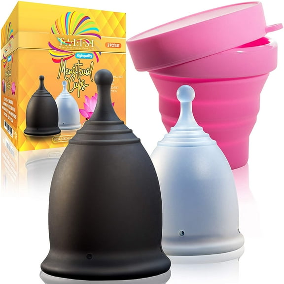 Talisi Reusable 2 Menstrual Cups - Period Cup Set for Women With Collapsible Sterilization Cup and Travel Bag - Feminine Menstruation Alternative to Tampons - Regular and Heavy Flow