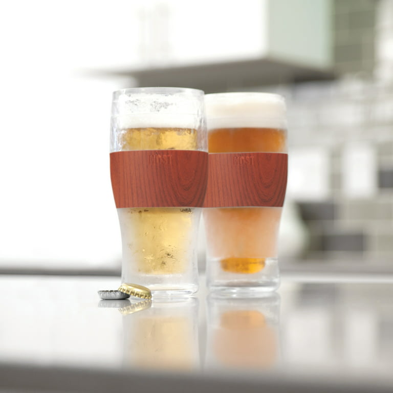 Host Freeze Beer Glasses - Double Wall Plastic Frozen Pint Glass, Wood 