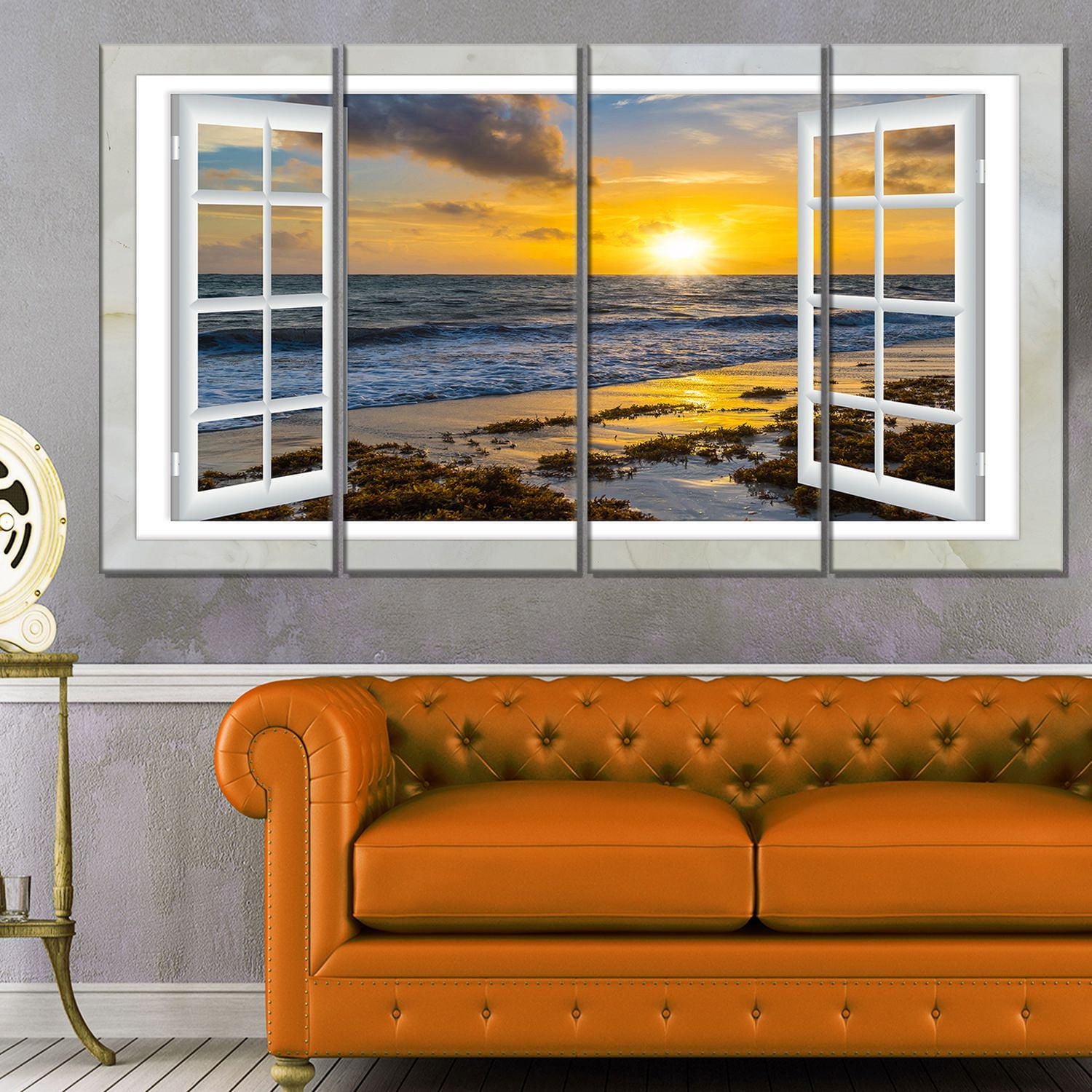 Design Art Open Window to Bright Yellow Sunset Modern Seascape Canvas Artwork Print