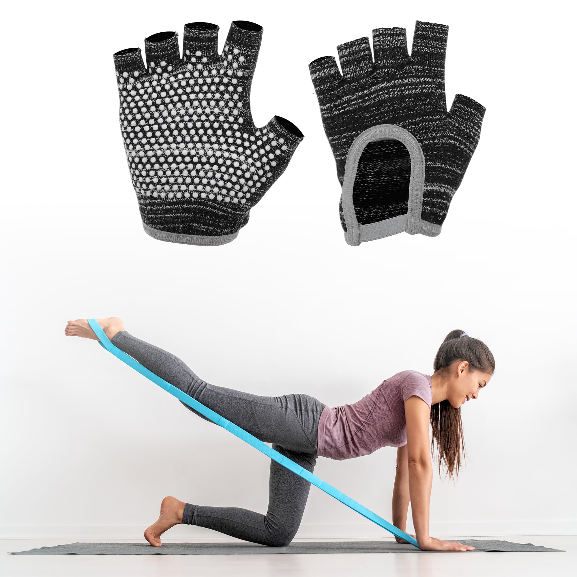 Unique Bargains Non-slip Fingerless Yoga Gloves One Size Black, Gray