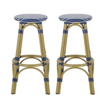 Dohney Outdoor French Aluminum 29.5 Inch Barstools, Set of 2, Navy Blue, White, and Bamboo Finish