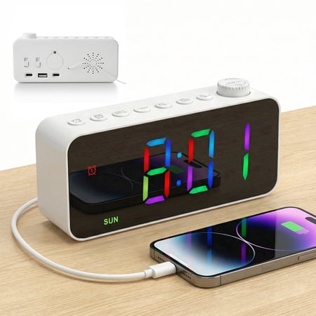 DAYBETTER Digital Alarm Clock with FM Radio, 8 Colors Digital Clock with USB charging port, Dual Alarm Clocks for Bedrooms, Heavy Sleepers, Kids, Teens