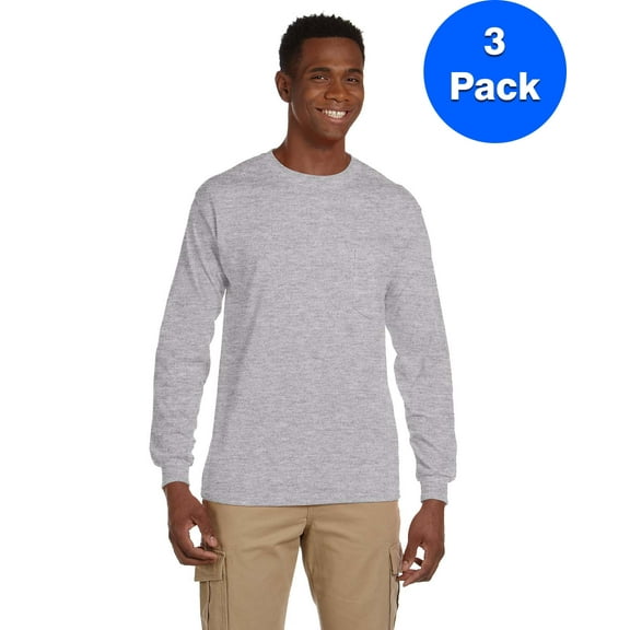 Mens Ultra CottonLong-Sleeve T-Shirt with Pocket 3 Pack